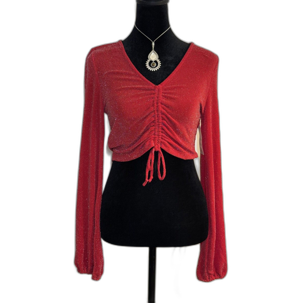 Bar III Red Metallic Ruched Crop Top — Cherry On Top, Long Sleeve, NWT